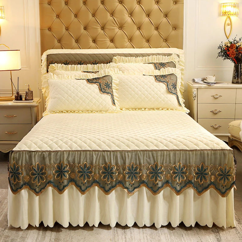 European Luxury Quilted Bed Skirt Winter Warm Thicken Velvet Bedspread King Good Hand Feeling Bed Skirt Not Included Pillowcase.