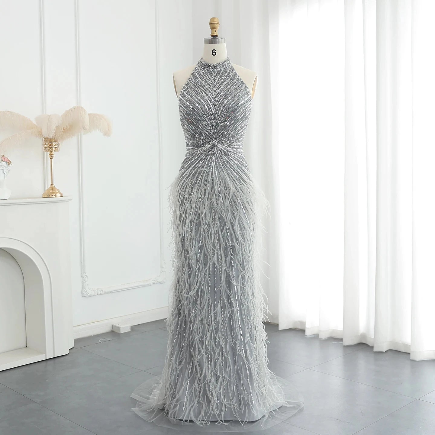 Luxury Beaded Feathers Mermaid Silver Gray Evening Dress Halter Backless Blue Beige Arabic Formal Party Gown SZ006.