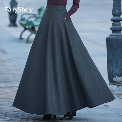 FairyShely Vintage Pleated Long Skirt Women 2025 Autumn Winter Woolen High Waist Black Skirts Female Flare Pocket.
