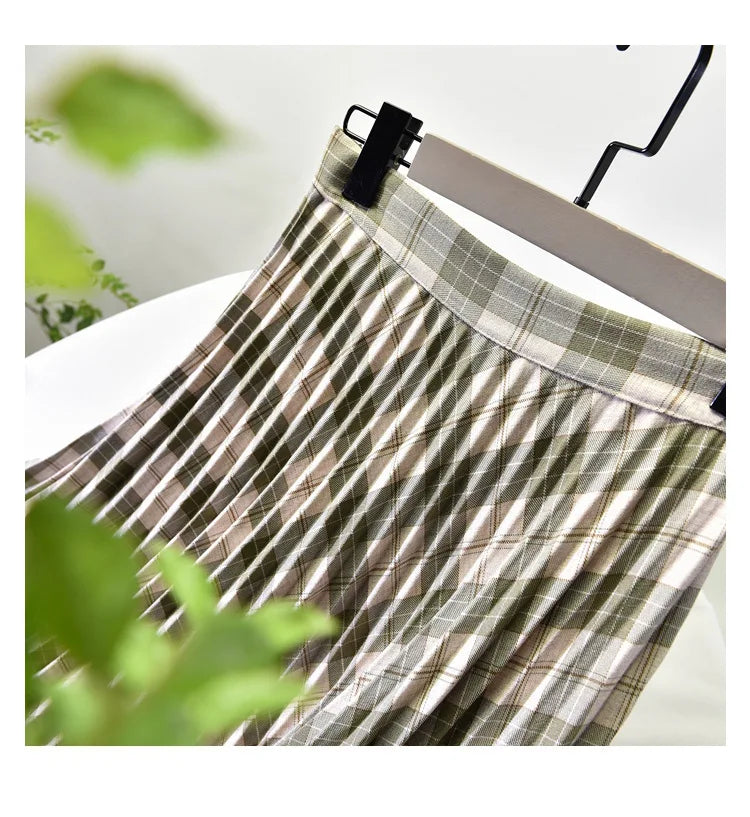 Looks Thin Pleated Skirt 2025 New High Waist A-line Skirt Mid-length Big Size Plaid Skirt Long Pleated Skirt Length 75-90cm