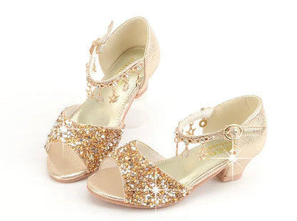 Girls Sandals Children Crystal Shoes 2023 Summer Kids Glitter Shoes High Heels Sequined Rhinestone Pendants Open Toes Princess.