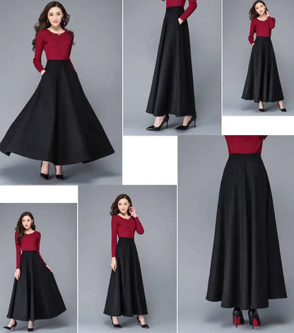 FairyShely 2025 Autumn Winter Retro High Waist Pleated Skirt Women Casual Pocket Woolen Maxi Skirt female Flare Red Long skirt.