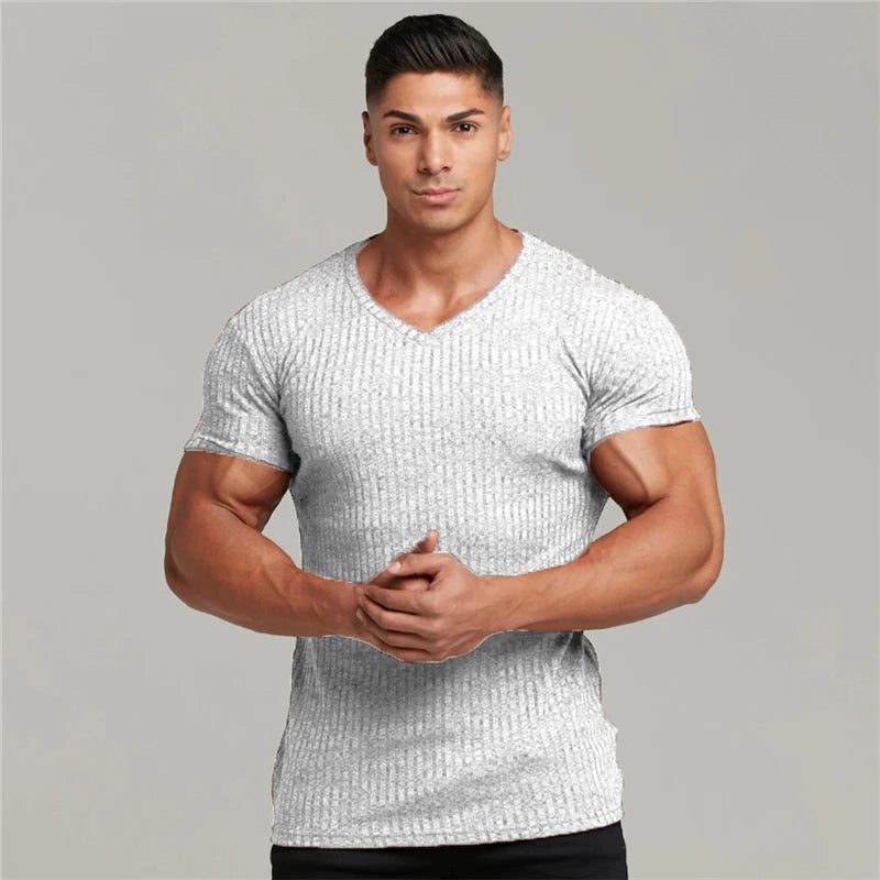 Men V Neck Short Sleeve T Shirt Fitness Slim Fit Sports Strips T-shirt Male Solid Fashion Tees Tops Summer Knitted Gym Clothing.