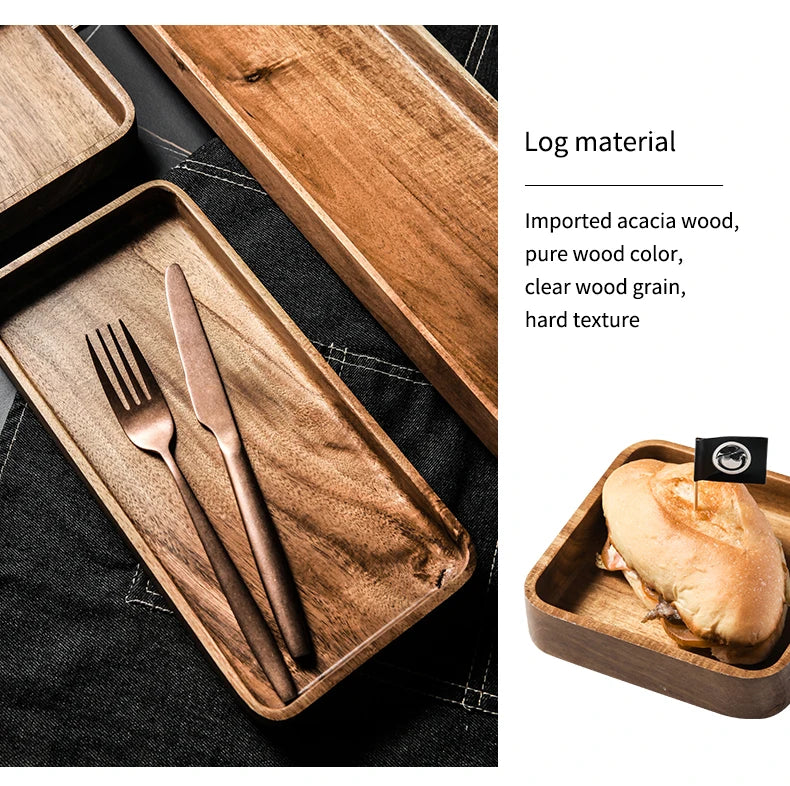 Acacia Wood Serving Tray Saucer Tea Tray Dessert Dinner Plate Tableware Set Japanese Snacks Food Rectangular Plate Storage Dish.