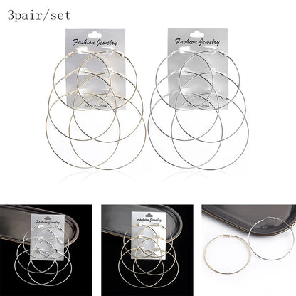 3pair/set Punk Hoop Earrings Set Big Circle Earrings Jewelry For Women Girls Steampunk Ear Clip Fashion Ear Ring Accessories New.