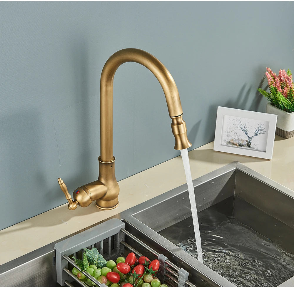 POIQIHY Antique Brass Kitchen Faucet Pull Out Bathroom Kitchen Mixers Single Handle Pull Down Cold Hot Water Tap Deck Mounted