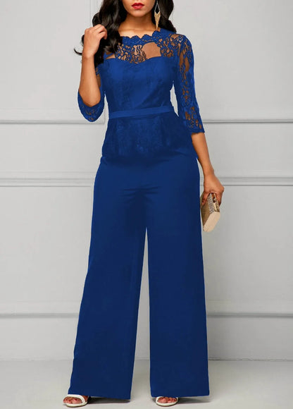 Elegant Sexy Jumpsuits Women Long Sleeve Lace Patchwork Jumpsuit Loose Trousers Wide Leg Pants Rompers Holiday Black Overalls.