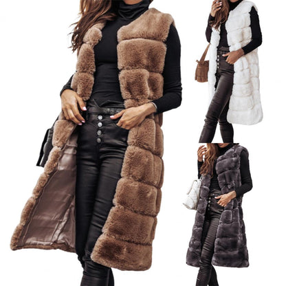 Herbst Winter Frauen Jacke Weste Einfarbig Rundhals Faux Pelzmantel Dicken Rundhals Oberbekleidung Plüsch Jacke für Frauen.