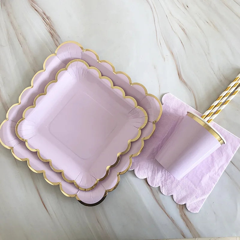 Gold Disposable Tableware Sets Purple Party Paper Cup Plates baby Shower  Birthday Party Supplies Carnival Wedding decor Favors.