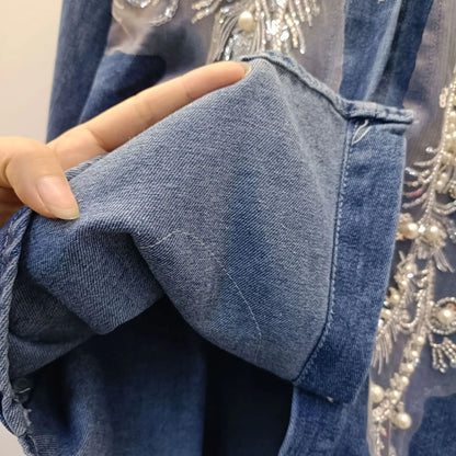 CS0582 New 2025 European Spring Fashion Lace Beading Patch Vintage Jeans Blouse Long Sleeve Denim Women's Shirt Tops Wholesale.