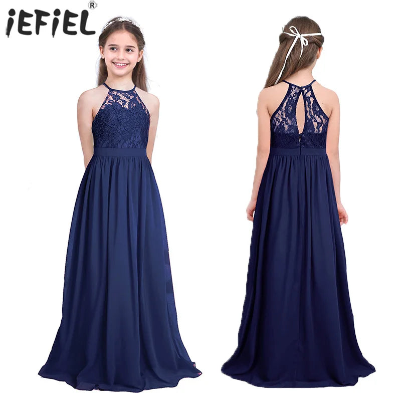Sommer Mode Blume Mädchen Kleid Hochzeit Geburtstag Party Kinder Lange Kleid Vestido Elegante Halter Neck Floral Spitze Prinzessin Kleid.