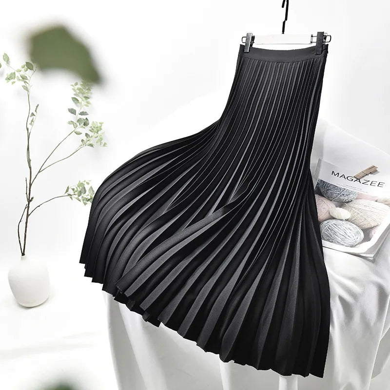 Brand Designer Women Spring Autumn Elegant Chic Solid Pleated Skirt High Waist Luxury Fashion With Elastic Female C-035.