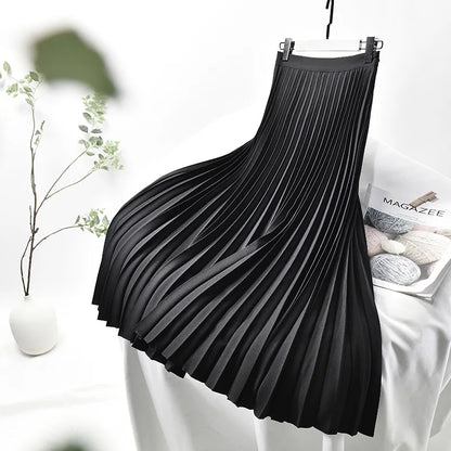 Brand Designer Women Spring Autumn Elegant Chic Solid Pleated Skirt High Waist Luxury Fashion With Elastic Female C-035.