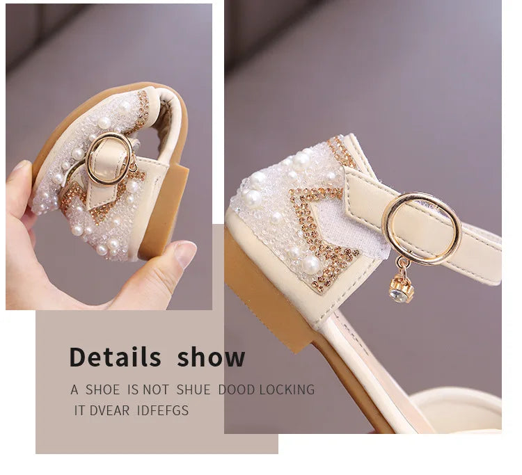 Girls Party Shoes Elegant Rhinestone Fashion Children's Leather Shoes Versatile Sweet Kids Princess Wedding Dress Flats Sandals.