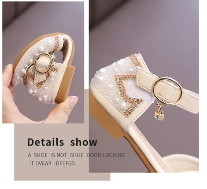 Girls Party Shoes Elegant Rhinestone Fashion Children's Leather Shoes Versatile Sweet Kids Princess Wedding Dress Flats Sandals.