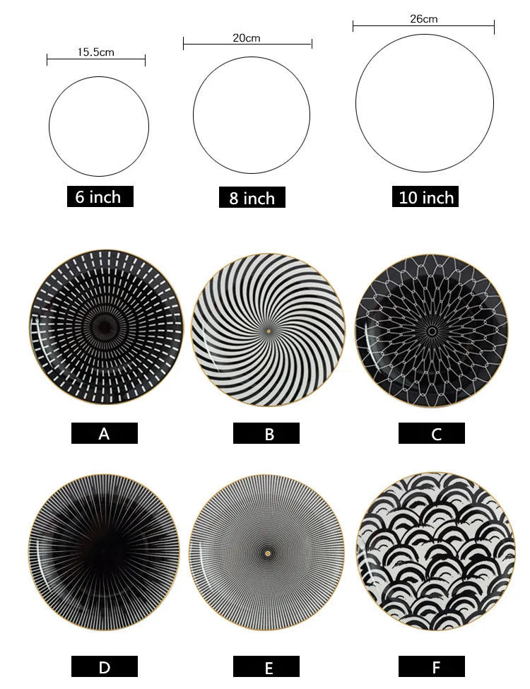 Geometric Design Gold Plating Meal Plate Porcelain Kitchen Dinner Plates Ceramics Food Tray Salad Dish 6/8/10 Inch 1Pcs.