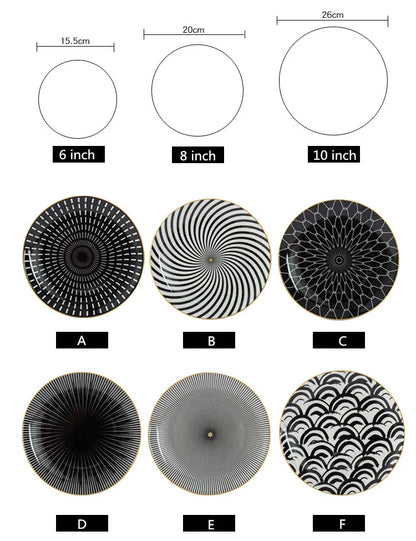 Geometric Design Gold Plating Meal Plate Porcelain Kitchen Dinner Plates Ceramics Food Tray Salad Dish 6/8/10 Inch 1Pcs.