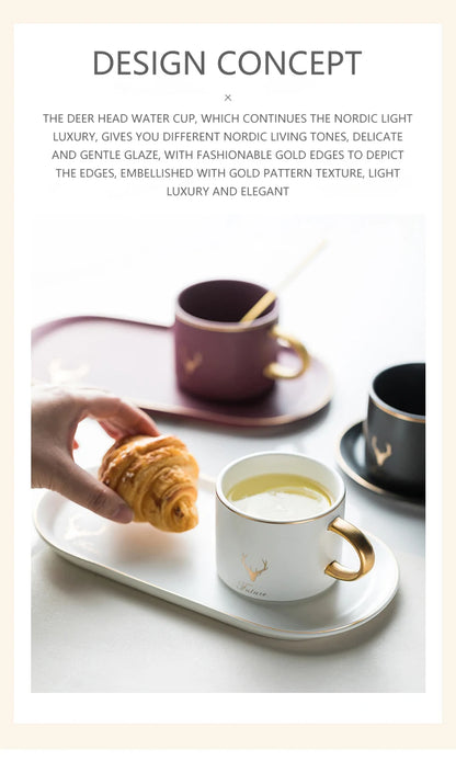 European Luxurious Gold Rim Ceramics Coffee Cups And Saucers Spoon Sets With Gift Box Tea Soy Milk Breakfast Mugs Dessert Plate.