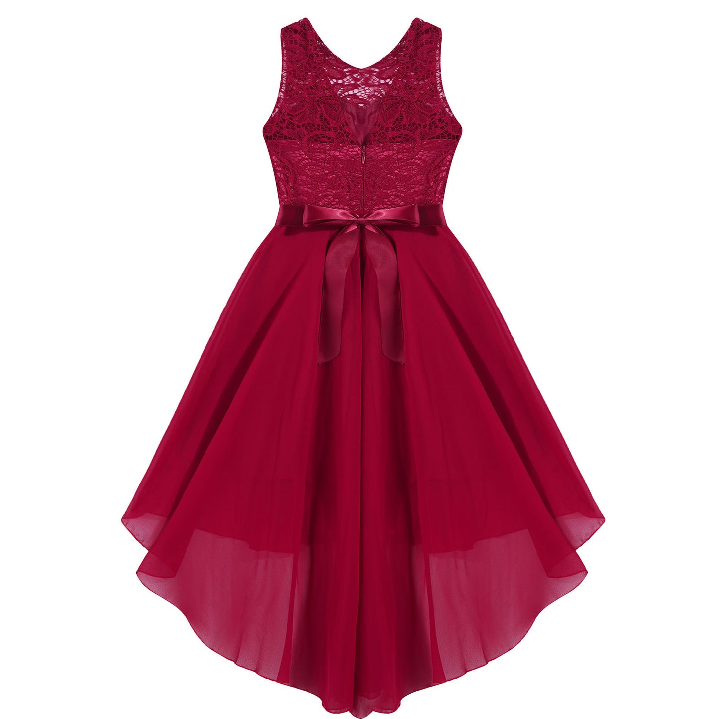 Blumenmädchen-Chiffonkleid mit floraler Spitze, Sommer, ärmellos, hoher, niedriger Saum, formelles Hochzeitskleid für Brautjungfer, Junior, Prinzessin.