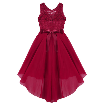 Blumenmädchen-Chiffonkleid mit floraler Spitze, Sommer, ärmellos, hoher, niedriger Saum, formelles Hochzeitskleid für Brautjungfer, Junior, Prinzessin.