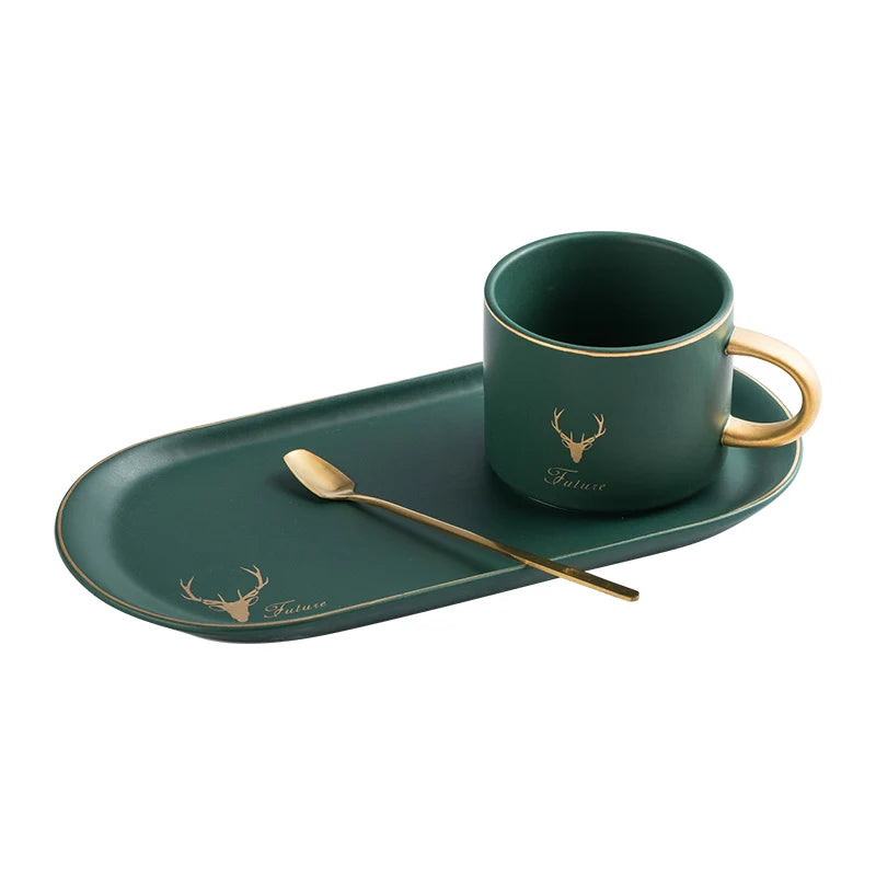 European Luxurious Gold Rim Ceramics Coffee Cups And Saucers Spoon Sets With Gift Box Tea Soy Milk Breakfast Mugs Dessert Plate.