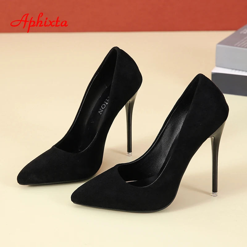 Aphixta 12cm Super High Stiletto Heels Pumps Women Office Flock Pointed Toe Thin Heel Party Shoes Woman Plus Large Size 44 45.