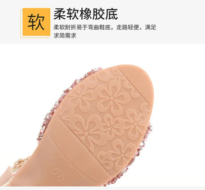 Girls Sandals Children Crystal Shoes 2023 Summer Kids Glitter Shoes High Heels Sequined Rhinestone Pendants Open Toes Princess.