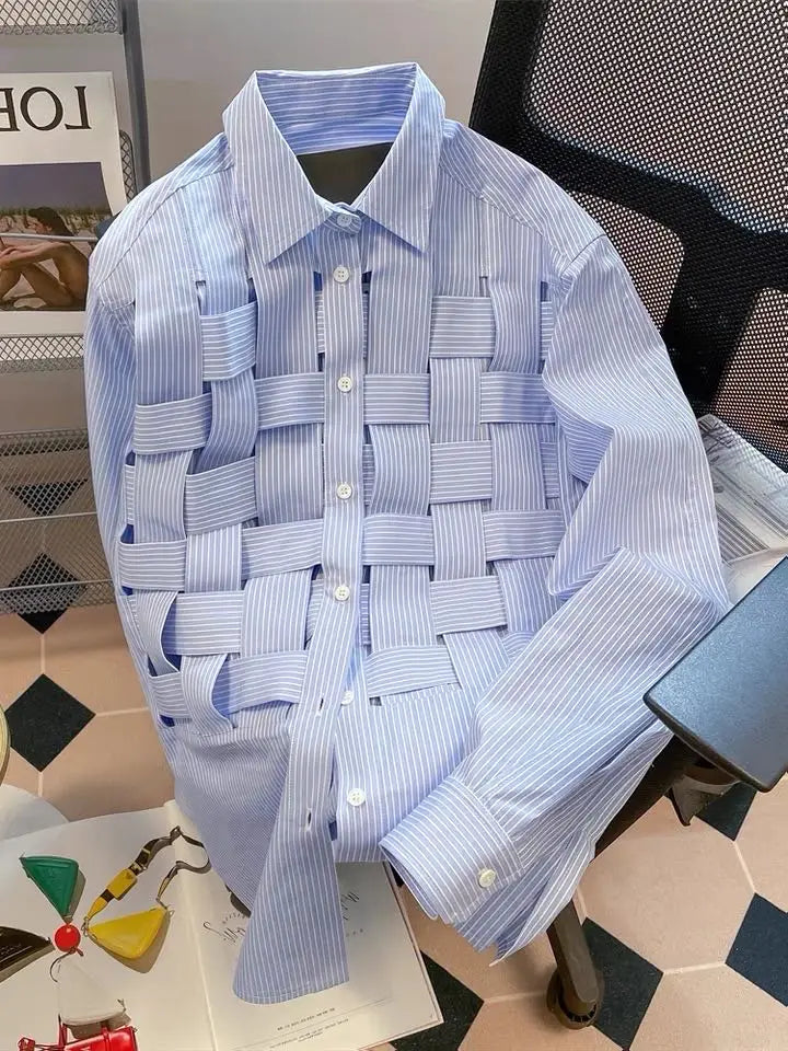 Wholesale 2025 Spring New Blue Long Sleeved Striped Shirts for Women Polo Neck Cool and Elegant Women's Shirts.