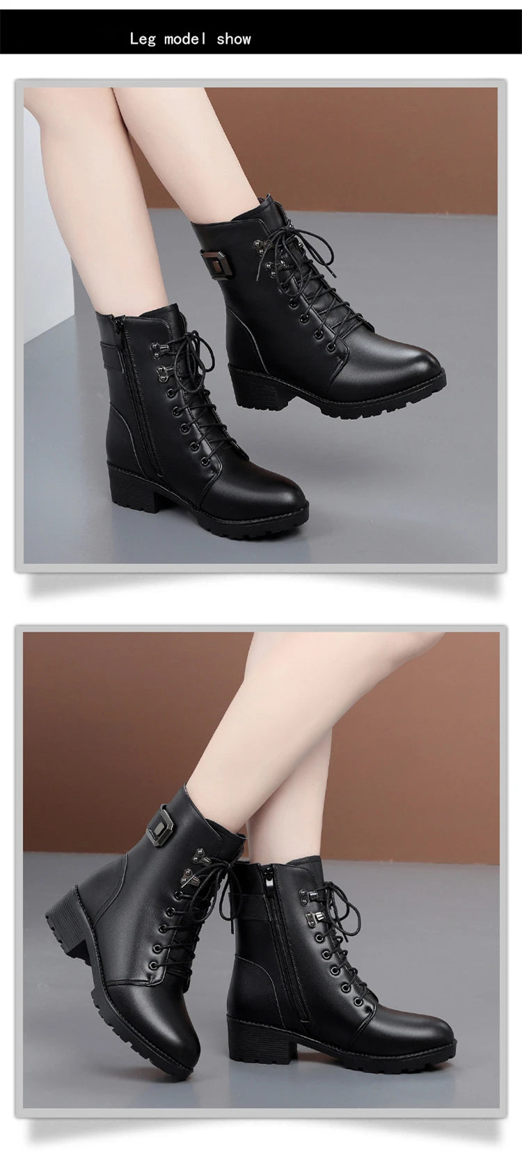 WOIZGIC Female Ladies Women Genuine Leather Ankle Boots Platform Winter Antumn Plush Fur Warm Shoes Plus Size Lace Up 35-43.