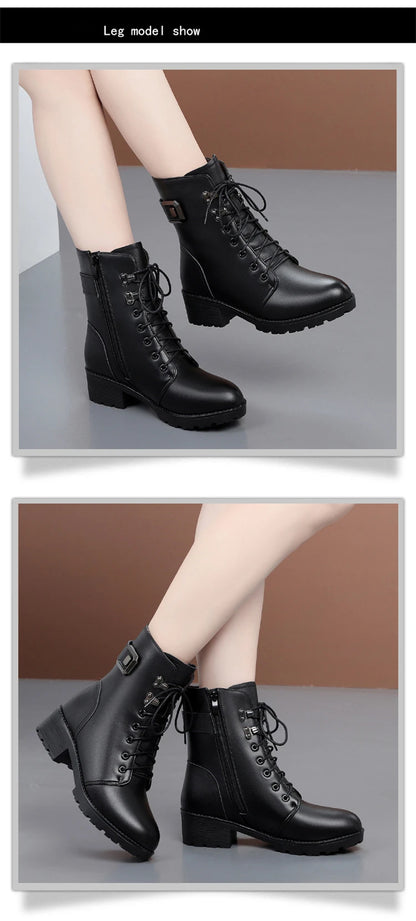 WOIZGIC Female Ladies Women Genuine Leather Ankle Boots Platform Winter Antumn Plush Fur Warm Shoes Plus Size Lace Up 35-43.