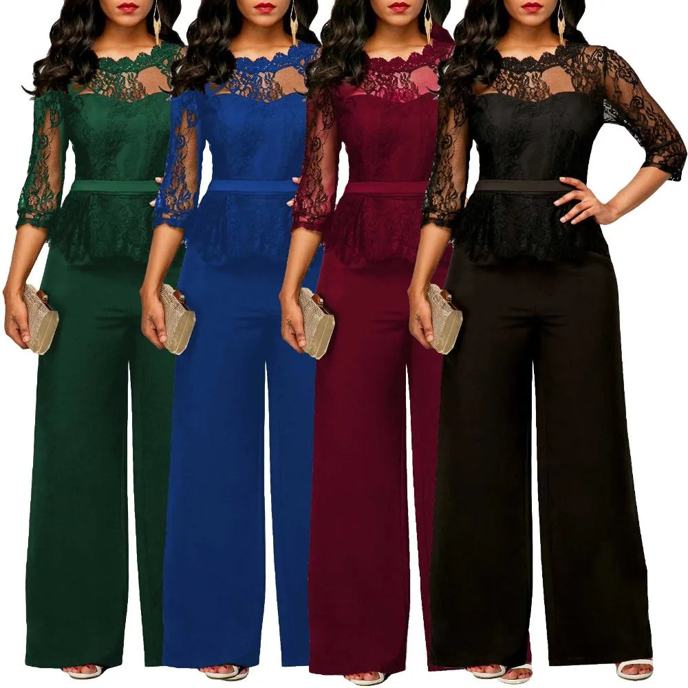 Elegant Sexy Jumpsuits Women Long Sleeve Lace Patchwork Jumpsuit Loose Trousers Wide Leg Pants Rompers Holiday Black Overalls.