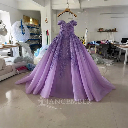 Purple Organza Girls Evening Dress Ball Gown Style Lace Crystal Embroidery Decorations Chapel Train for Parties Lsany24.