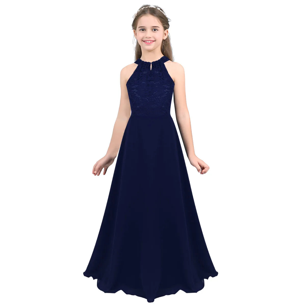 Sommer Mode Blume Mädchen Kleid Hochzeit Geburtstag Party Kinder Lange Kleid Vestido Elegante Halter Neck Floral Spitze Prinzessin Kleid