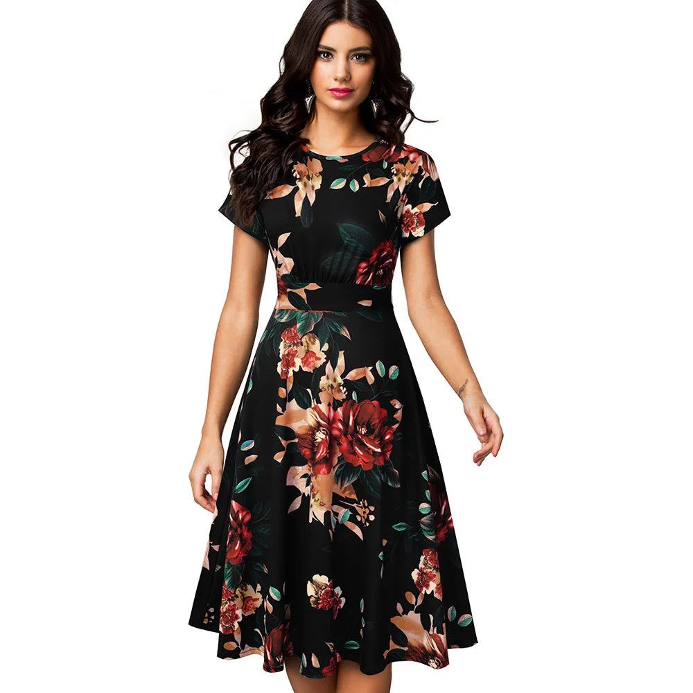 Nice-forever Vintage Elegante Blumen Druck Plissee Rundhals vestidos A-Line Pinup Business Party Frauen Flare Swing Kleid A102