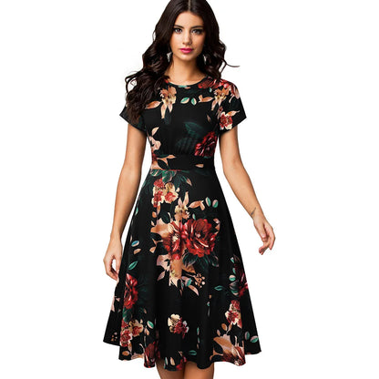 Nice-forever Vintage Elegante Blumen Druck Plissee Rundhals vestidos A-Line Pinup Business Party Frauen Flare Swing Kleid A102