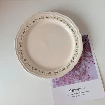 Ceramic Plate French Style Retro Floral Reliefs Food Plate Yogurt Salad Bowl Dessert Plate Dish Dinner Wedding Set Dinner Plates.