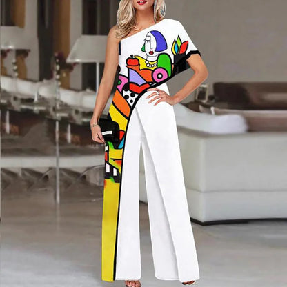Colorful Ladies Face Print Slim Jumpsuits Summer Off Shoulder Diagonal Collar Sexy Rompers Women Loose Straight Wide Leg Pants.