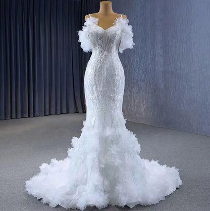 Jancember 231095 Feather Spaghetti Strap Beaded Mermaid Wedding Dresses.