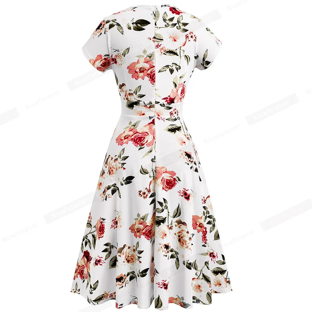 Nice-forever Vintage Elegante Blumen Druck Plissee Rundhals vestidos A-Line Pinup Business Party Frauen Flare Swing Kleid A102