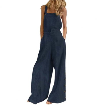 Women Jumpsuit Summer Sleeveless Solid Color Wide Leg Pockets Loose Strappy Playsuit Overall Wide Leg Pockets mono mujer verano.