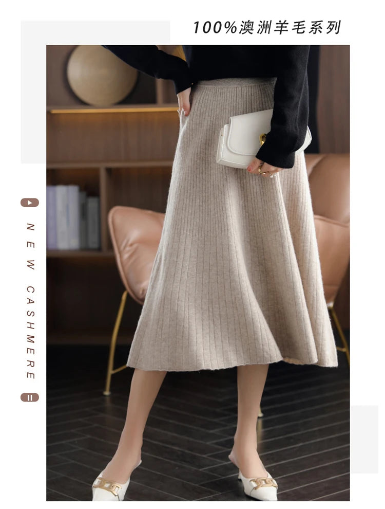 2025 Autumn New High-Waist 100%Pure Wool Pleated Long Skirt Women's Knit Base Skirt Fashion Pack Hip A-Line Cashmere Large Skirt.