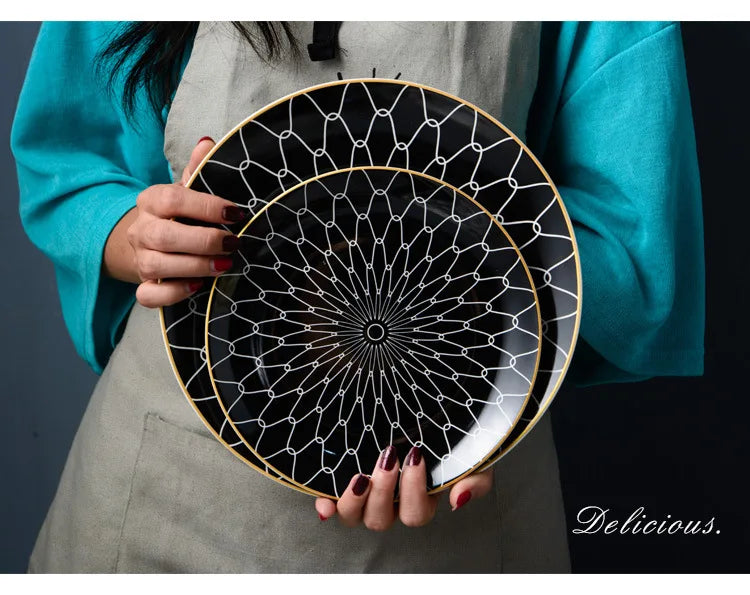 Geometric Design Gold Plating Meal Plate Porcelain Kitchen Dinner Plates Ceramics Food Tray Salad Dish 6/8/10 Inch 1Pcs.