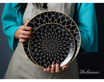 Geometric Design Gold Plating Meal Plate Porcelain Kitchen Dinner Plates Ceramics Food Tray Salad Dish 6/8/10 Inch 1Pcs.