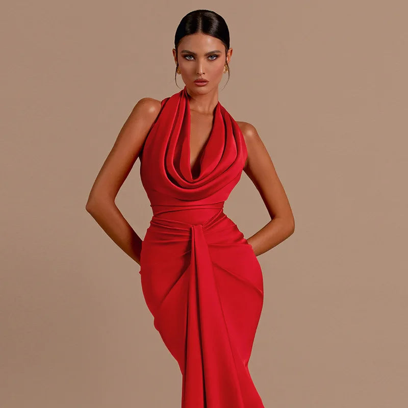 Sexy Swinging Collar Backless Pleated Long Dress Women Red Stain Sleeveless Draped Design Long Dress Club Party Women Maxi Dress.