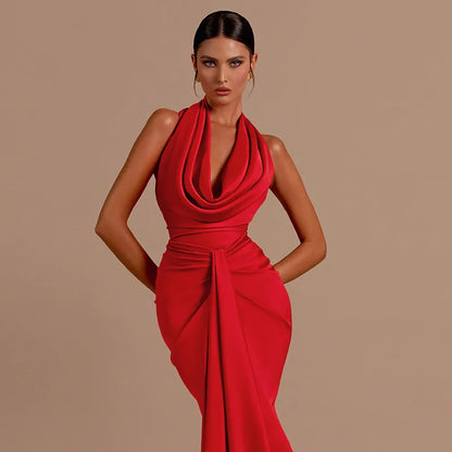 Sexy Swinging Collar Backless Pleated Long Dress Women Red Stain Sleeveless Draped Design Long Dress Club Party Women Maxi Dress.