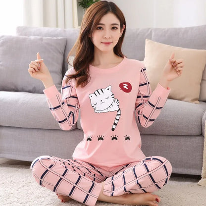 Herbst Dünne 2 stück Pyjamas Set Frauen 2025 Rundhals Mädchen Bär Pyjamas Sets Teetasse Katze Volle Nachtwäsche Tops liebhaber Pyjama mujer.