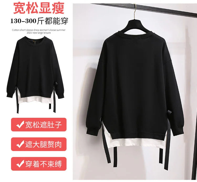 150Kg Plus Größe frauen Herbst Lose Oansatz Sweatshirts Fehlschlag 157cm 6XL 7XL 8XL 9XL 10XL Beiläufige Lange-ärmeln Gefälschte Zwei-stück Top.