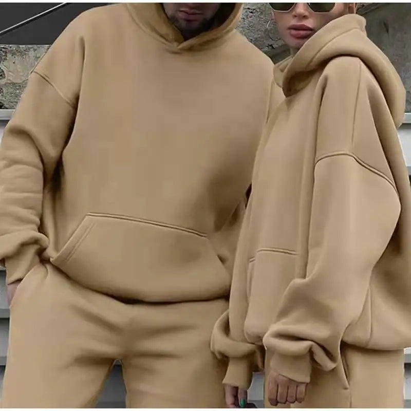 New Men Tracksuit Spring Autumn Two Pieces Sets Oversize Outfits Hooded Sweatshirts + Trouser Solid Sportswear Women Warm Suits.