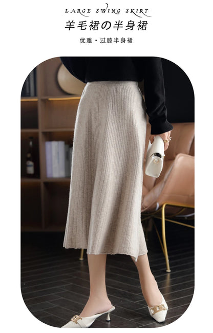 2025 Autumn New High-Waist 100%Pure Wool Pleated Long Skirt Women's Knit Base Skirt Fashion Pack Hip A-Line Cashmere Large Skirt.