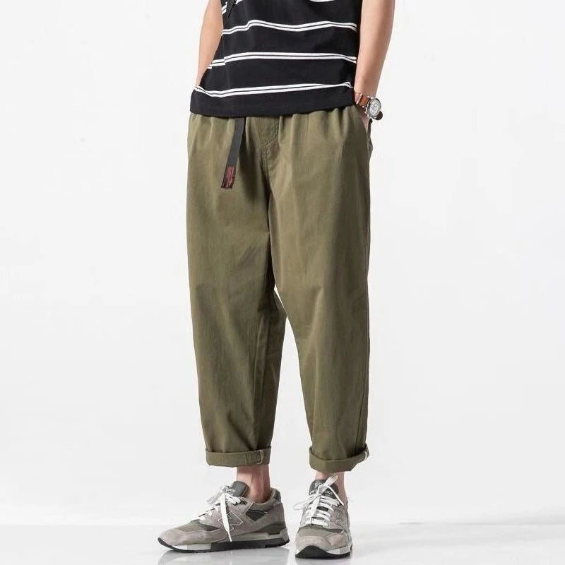 100% Cotton Casual Summer Pants With Belt Men Straight Baggy Ankle-Length Cargo Trousers Wide Leg Sweatpants Male Streetwear.
